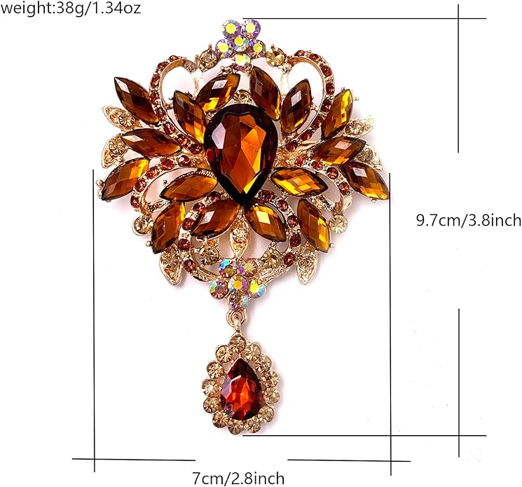 LAXPICOL Wedding Bridal Big Brown Crystal Rhinestone Bouquet Brooch Pin for Women Golden Tone