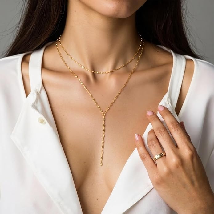 Irregular Y2k Long Y-shaped Necklace with Zircon Inlaid Sparkling Brick Tassel Pendant Double-Layer Chain High-end Fashion Accessory Women's
