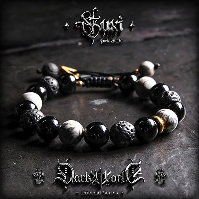 GUXI-Phantom Night Obsidian Mens Bracelet with Adjustable Rope Gemstone Beads Handmade Lava Rock Protection Bracelet Stainless Steel Bracelet Gifts for Men