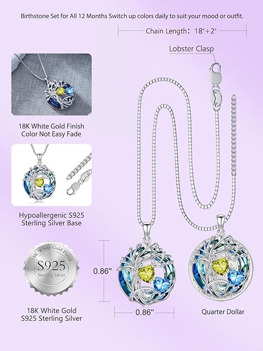 TOUPOP s925 Sterling Silver Family Celtic Tree of Life Pendant Necklaces with 2 Heart Birthstone with Blue Austrian Crystal Jewelry Birthday Anniversary Christmas Gifts for Her Wife Girlfriend Mom (18K Real White Gold Filled)