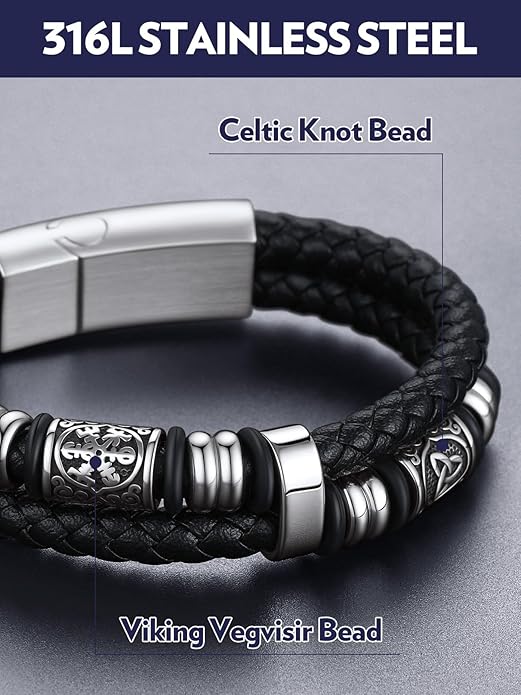 Bandmax Mens Black Double Wax Rope Cuff Bracelets Waterproof Stainless Steel Norse Style Celtic Knot Beads Bracelet Wristband Gift for Men