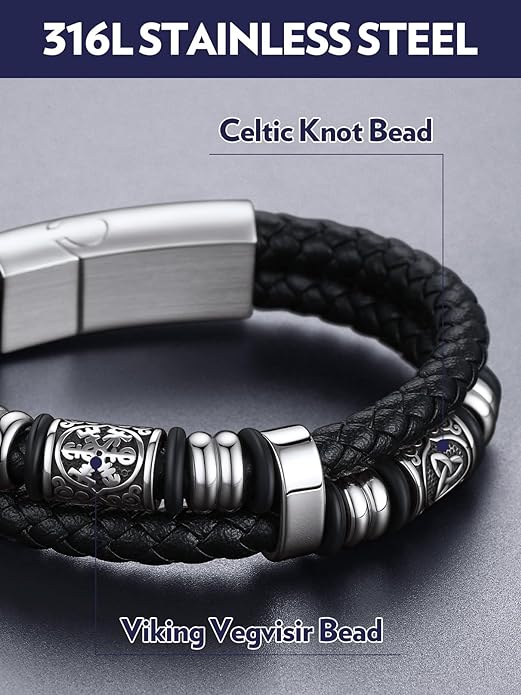 Bandmax Mens Black Double Wax Rope Cuff Bracelets Waterproof Stainless Steel Norse Style Celtic Knot Beads Bracelet Wristband Gift for Men