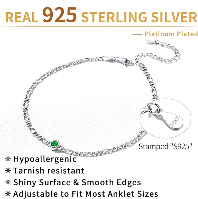 ChicSilver Sterling Silver Anklets Bracelets for Women, Figaro Chain Heart/Round Birthstone Anklet for Women Waterproof, Dainty Herringbone Ankle Bracelet Summer Beach jewelry