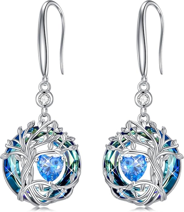TOUPOP Tree of Life Birthstone Earrings for Women 925 Sterling Silver Family Tree Dangle Earrings Austrian Crystal Jewelry Birthday Christmas Gifts for Her Girlfriend Wife Mom