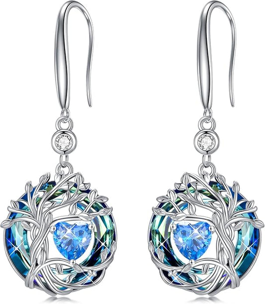 TOUPOP Tree of Life Birthstone Earrings for Women 925 Sterling Silver Family Tree Dangle Earrings Austrian Crystal Jewelry Birthday Christmas Gifts for Her Girlfriend Wife Mom
