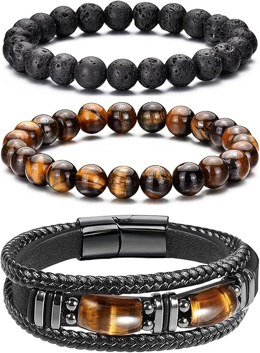 Mens Bracelet Set Black Leather Bracelets for Men Tiger Eye Bracelet 6mm 8mm Lava Rock Beaded Bracelets Adjustable Stretech