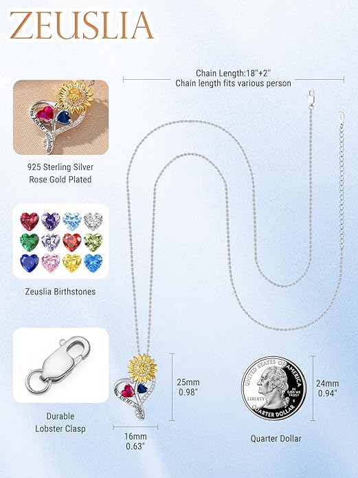 Zeuslia Double Birthstone Necklace Gifts for Wife - 925 Sterling Silver Sunflower/Rose/Crown Cross/Compass/Heart Pendant I Love You Necklace, Anniversary Birthday Gifts for Wife Girlfriend Mom Her