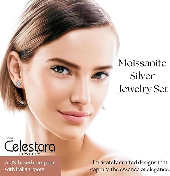 Exquisite Moissanite & 925 Sterling Silver Jewelry Set: Trendy European Design with Pendant (1 Carat, 1/4-inch, 6.5mm) and Earrings (Each: 0.5 Carat, 3/16-inch, 5mm) – Elegant Leather Gift Box Included