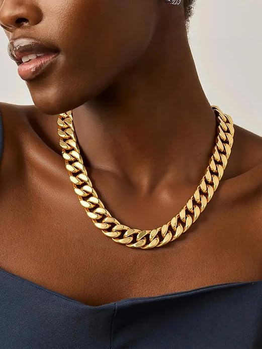 ChainsPro Chunky Cuban Link Chain Necklace for Women,Stainless Steel Silver/Gold Plated Thick Choker, 5/12/14mm Width,18" and 20" Punk Hip Hop Trendy Jewelry Gifts