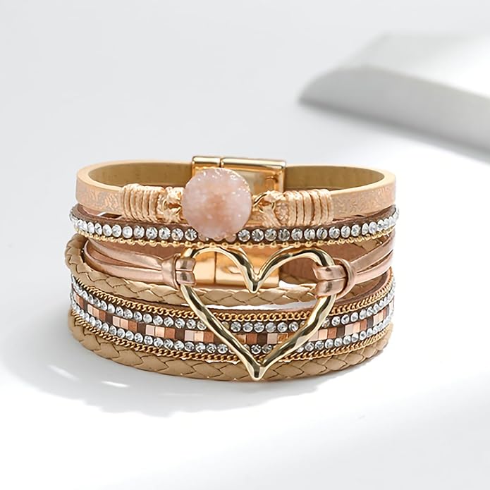 Fesciory Leopard Bracelet for Women, Boho Leather Wrap Multi-Layer Pearl Crystal Bracelet Bangle Jewelry