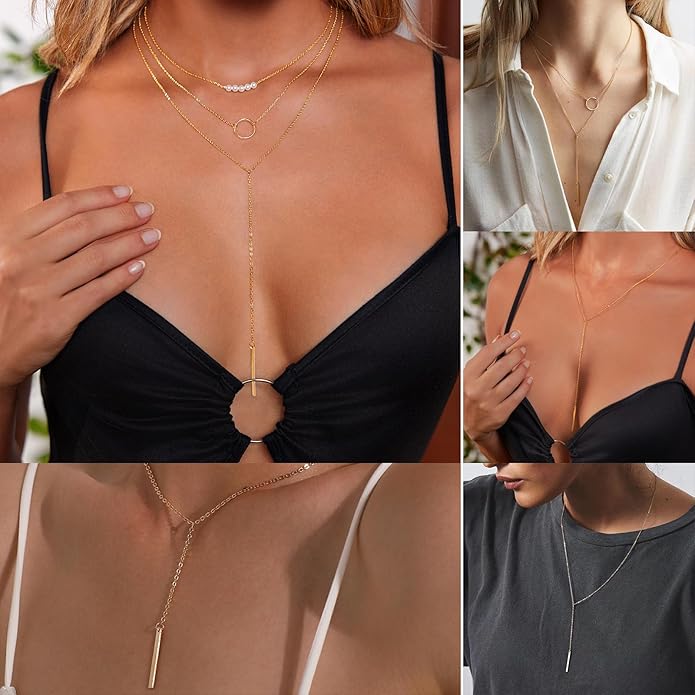 HAXIYA Lariat Gold Necklace for Women Dainty Long Necklace 14k Gold Plated/Silver Y-Shaped Pendant Drop Chain Trendy Layered Pearl/Beaded/CZ Necklaces Simple Gold Jewelry For Women Gift