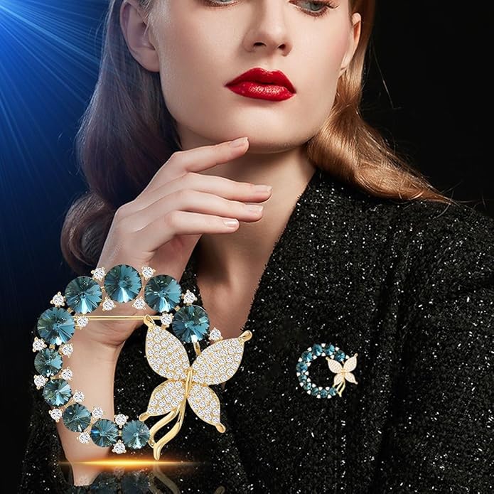 14K Gold Grand Butterfly Brooch with Crystal Embellishments, Circular Design Adorned with Natural Pearl, Luxurious and Elegant Pin for Stylish Attire