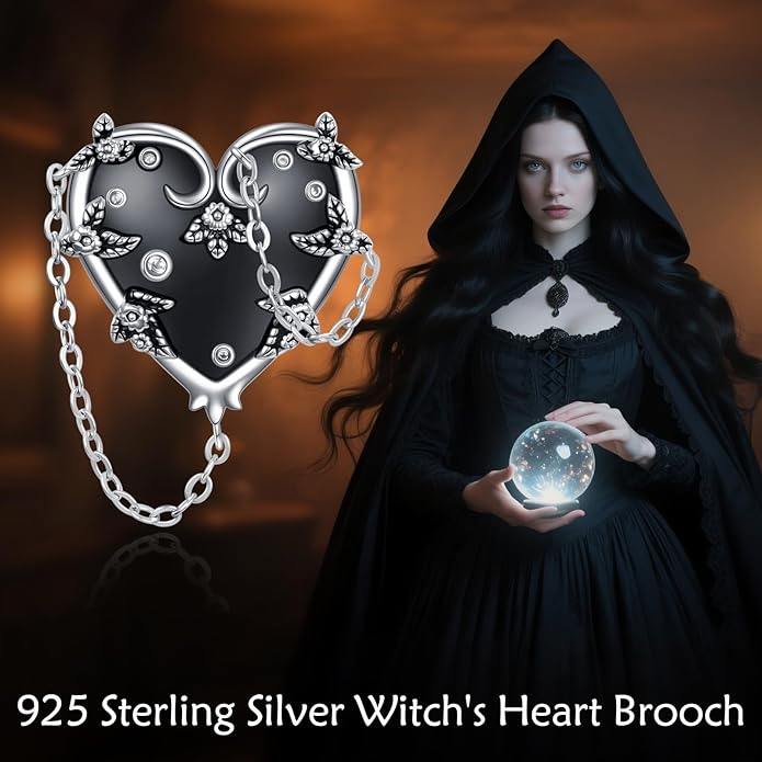 MONGAS Witches Heart Pin Brooch Sterling Silver Witch Black Brooch Pin Gothic Heart Jewelry Gifts for Women