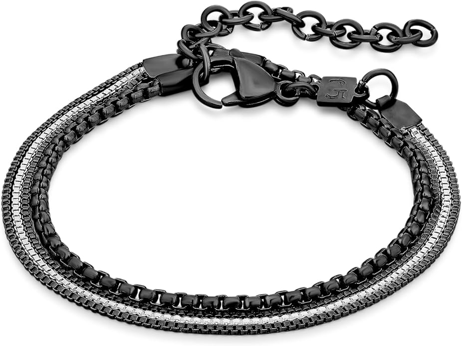 Galis Mens Bracelet - Cuban Link or Box Chain Layered Chain For Men - Premium Stainless Steel, Gift for him, Gold, Silver, Black Bracelet For Men 7-8" Size, 3-5mm Thick