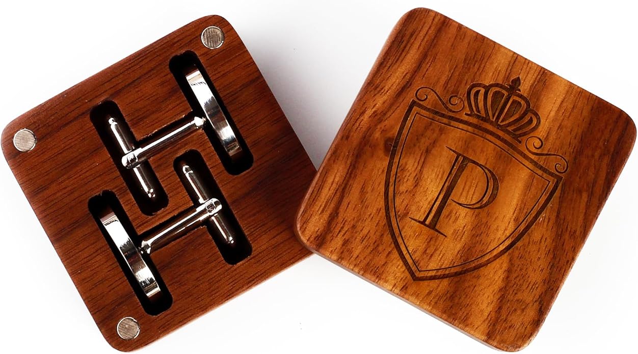 Mens Initial Silver Cufflinks A-Z Alphabet Letter Steel Cuff Links with Engraved Walnut Wood Box Groom Groomsman Wedding Set…