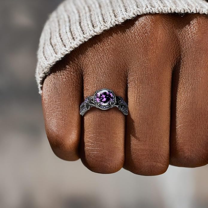 Gothic Black Rings for Women, Mystic Rainbow Topaz with Created Amethyst Flower Goth Black Gold Wedding Engagement Ring Size 6 to 11