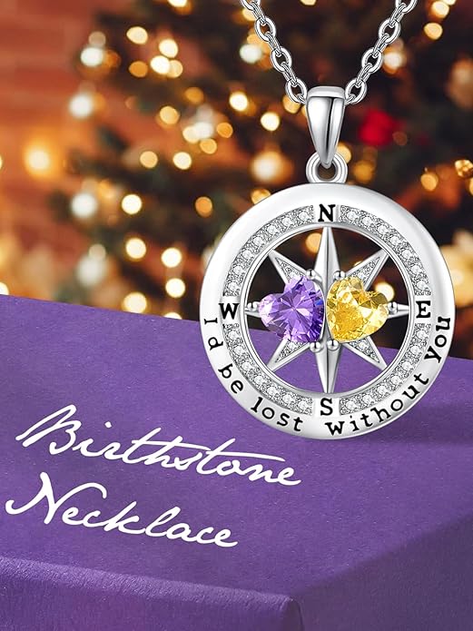 JIYVY32 Compass Birthstones Necklace for Women, Exquisite S925 Necklace Anniversary Birthday Gifts for Wife Her Double Birthstone Pendant jewelry ‘I'd be Lost Without You’
