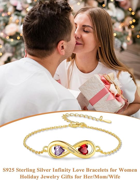 Custom4U Personalized Infinity Love Symbol Link Bracelets for Women 925 Sterling Silver Birthstone Bracelet Adjustable Engraved Chain Christmas Mother's Day Birthday Jewelry Gifts for Mom Her