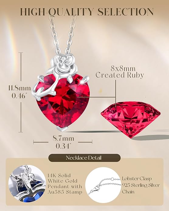 FANCIME 14K Solid White Gold Rose Pendant with Sterling Silver Chain Heart Birthstone Gemstone Fine Jewelry Christmas Gifts for Women Her
