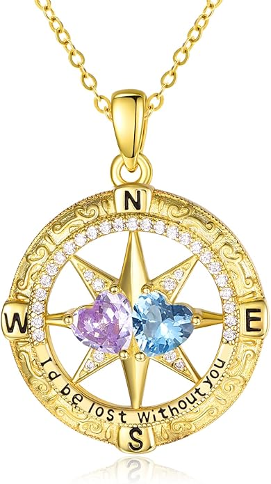 Zeuslia Double Birthstone Necklace Gifts for Wife - 925 Sterling Silver Sunflower/Rose/Crown Cross/Compass/Heart Pendant I Love You Necklace, Anniversary Birthday Gifts for Wife Girlfriend Mom Her