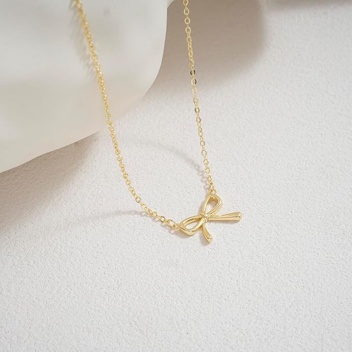 Gold Necklace for Women Dainty Bow Necklace 14K Gold Plated Cute Choker Necklace Small Bow Pendant Charm Necklaces Teen Gift Trendy Stuff Personalized Jewelry Gifts