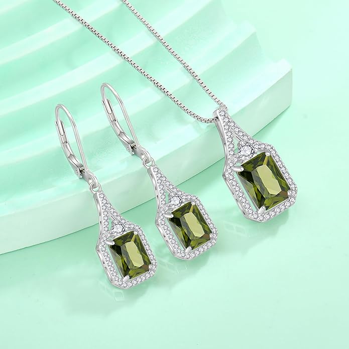 Emerald Cut Dangle Drop Earrings 925 Sterling Silver Halo Rectangular Leverback Earrings Birthstone Jewelry for Women