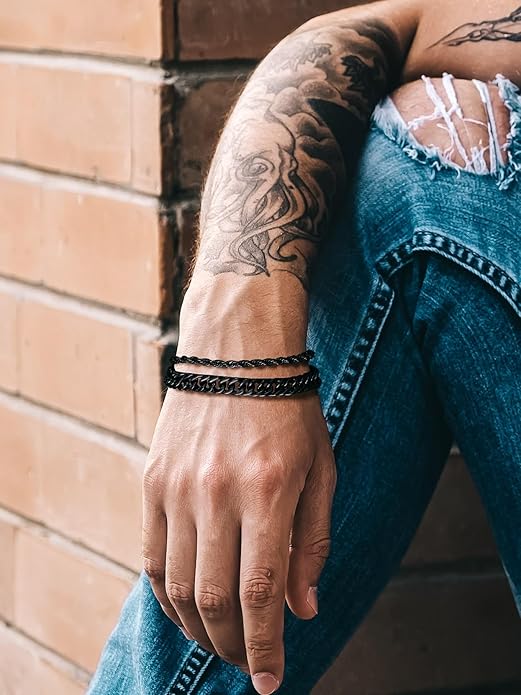 Richsteel 2PCS/3PCS Bracelets Chain for Men Women Stainless Steel Silver/Gold/Black Cuban/Rope Link Chain Bracelets Set, 7.4/8.2/9 Inch Hand Chain Length for Men Women Jewelry