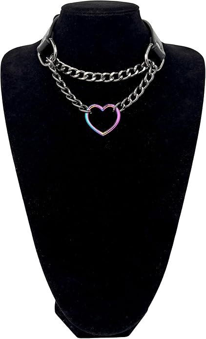 Black Leather Choker Collar For Women, Handmade Heart Slip Chain Choker Long Necklace with Adjustable Buckle