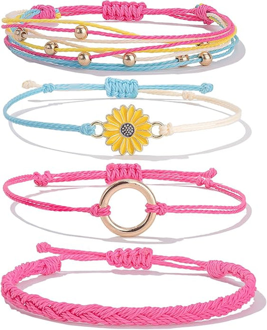 FANCY SHINY Sunflower String Bracelet Boho Braided Rope Wrap Bracelets Cute Summer Beach Surfer Jewelry for Women