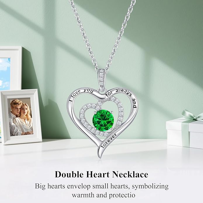 S925 Sterling Silver Necklace for Women, Christams Gift for Women, Love Heart Birthstone Necklaces for Women, Wife Jewelry, Mom Birthday Valentines Mothers Day Gifts, Girlfriend Necklaces, Daughter Heart Jewel, Anniversary for Her