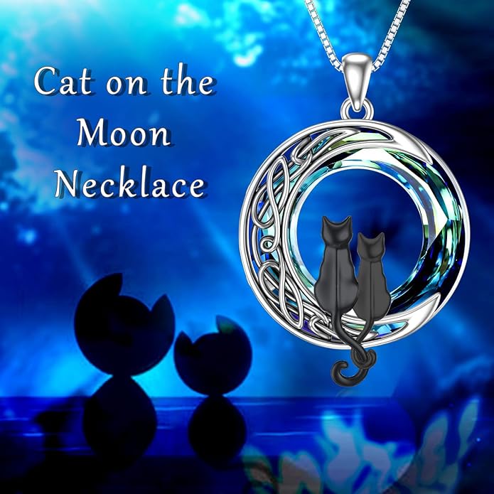 TOUPOP Christmas Cat Gifts for Cats Lovers One Two Three Four Cats Necklace Sterling Silver Cats on the Moon Pendant Necklace with Blue Circle Crystal Birthday Christmas Celtic Jewelry Gifts for Women
