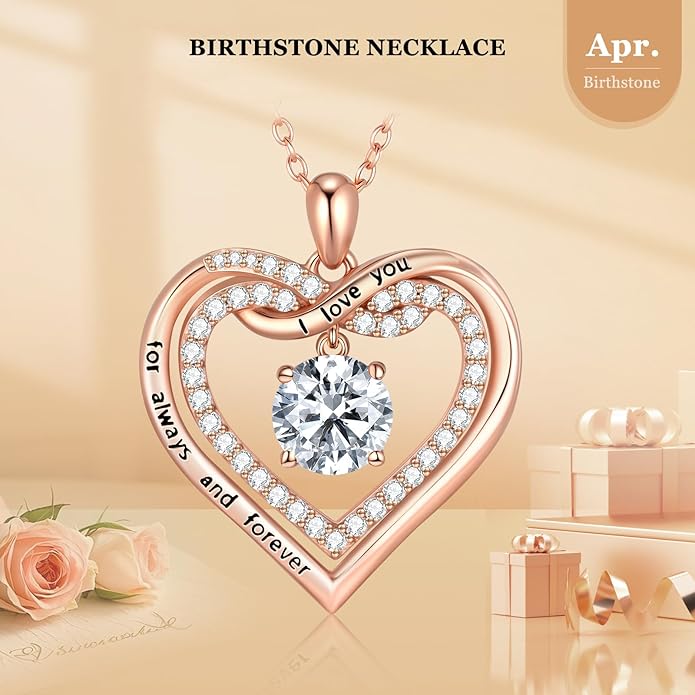 G&GEMSJEW Infinity Heart Birthstone Necklaces for Women, 925 Sterling Silver Jewelry, Pendant Heart Necklaces Birthday Anniversary Christmas Gift for Women Wife Mom Girlfriend Lady