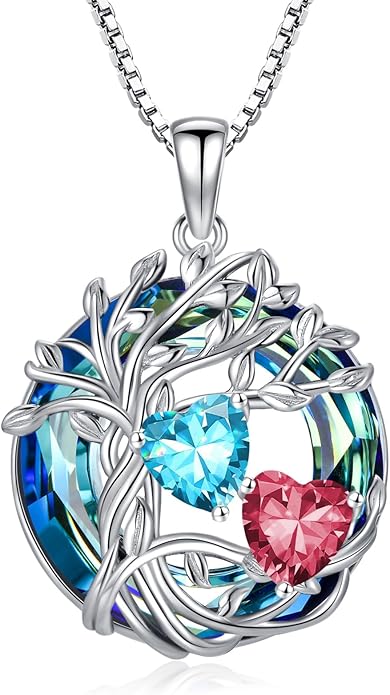 TOUPOP s925 Sterling Silver Family Celtic Tree of Life Pendant Necklaces with 2 Heart Birthstone with Blue Austrian Crystal Jewelry Birthday Anniversary Christmas Gifts for Her Wife Girlfriend Mom (18K Real White Gold Filled)