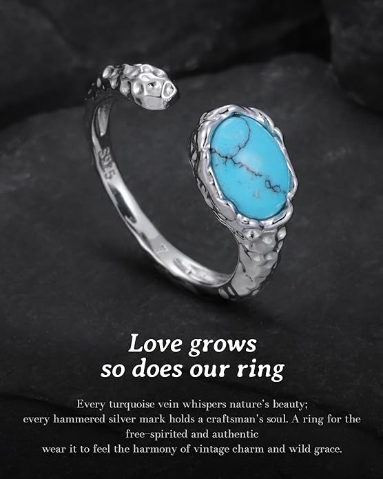 S925-Sterling-Silver Abalone Dragonfly-Turquoise Spoon Ring - Vintage Boho Sunflower Thumb Oxidized Wrap Rings Victorian Style Antique Floral Jewelry Gifts for Women