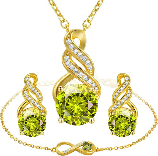 HNPHQT Jewelry Sets for Women-18K Gold Plated Dainty Birthstone Pendant,Trendy Necklace Earrings Infinity Bracelets Set,Ideal Jewelry Gifts for Her Mom