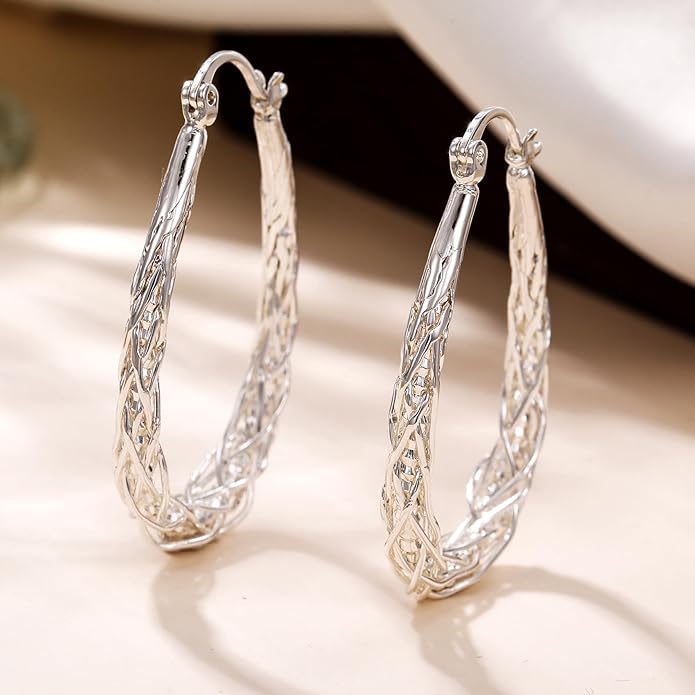Senteria Sterling Silver Hoop Earrings - Medium, Lightweight, Thick Twist Oval Hoops