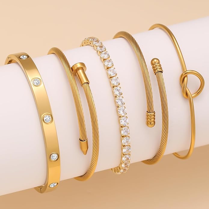 FAFUGA 18 K Gold Plated Love Bangle Bracelet Stack Cuff Jewelry for Women Jewelry Set for Women Gift with Box