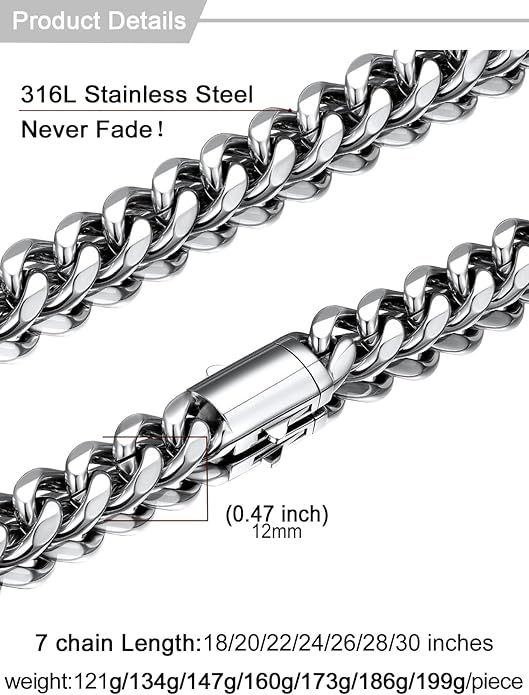 U7 Cuban Link Chain Necklace for Men, Stainless Steel/Black/Gold Mens Necklaces, Chunky Curb Chain Necklace in 6/9/12mm Width 18-30 Inches, Thick Choker Jewelry with Box Packed