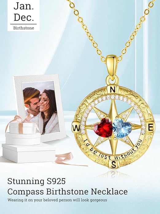 Zeuslia Double Birthstone Necklace Gifts for Wife - 925 Sterling Silver Sunflower/Rose/Crown Cross/Compass/Heart Pendant I Love You Necklace, Anniversary Birthday Gifts for Wife Girlfriend Mom Her