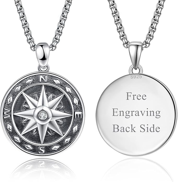 KINGWHYTE Compass Necklace for Men 925 Sterling Silver Birthday Gifts Graduation Travel Jewelry for Husband Brother with Stainless Steel Chain