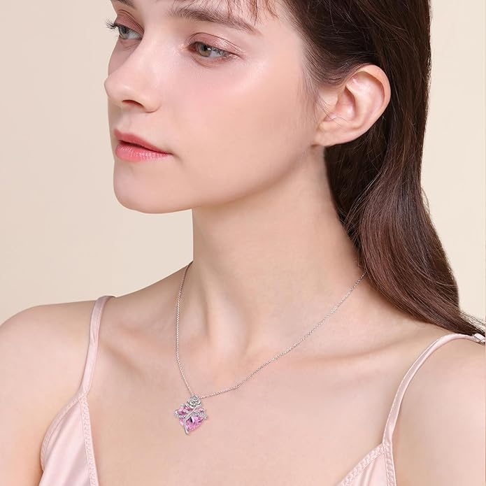 Birthstone Necklace for Women 925 Sterling Silver Love Heart Rose Flower Necklace Dainty Jewelry Gifts for Women Wife Girlfriend Mother Daughter Her