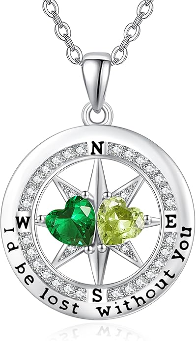 Compass Birthstones Necklace for Women, Exquisite Anniversary Birthday Gifts for Wife Her Double Birthstone Pendant jewelry ‘I'd be Lost Without You’