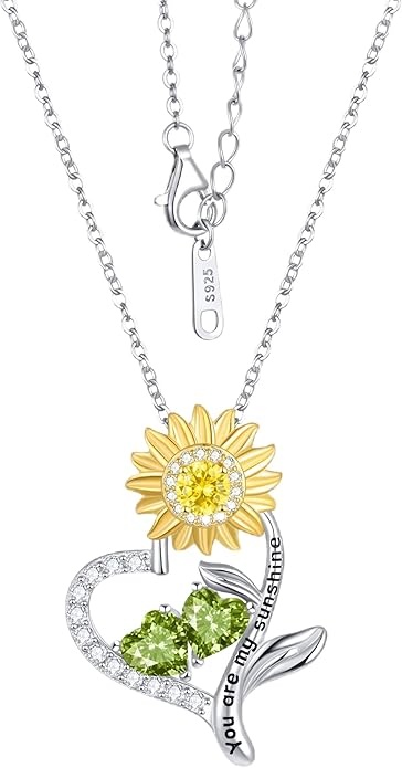 PERJI Valentine's Day Gifts for Women - 925 Sterling Silver Double Birthstone Sunflower Necklace, Anniversary Birthday Jewelry You are My Sunshine Gifts for Wife Couple Girlfriend 18"+2" Non Tarnish