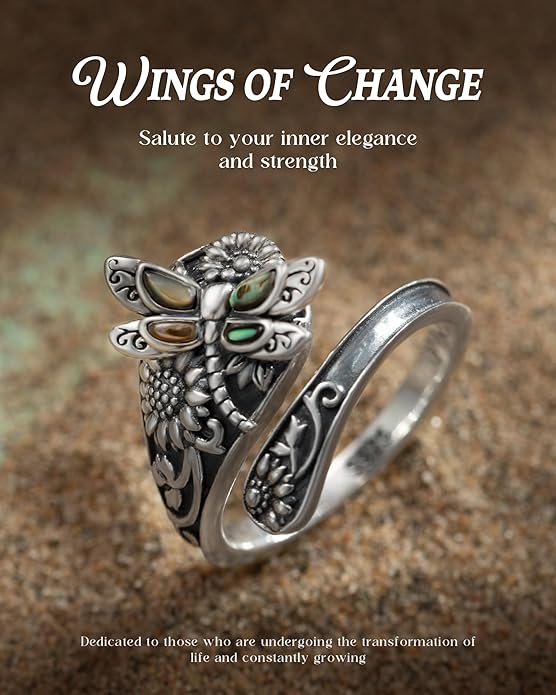 S925-Sterling-Silver Abalone Dragonfly-Turquoise Spoon Ring - Vintage Boho Sunflower Thumb Oxidized Wrap Rings Victorian Style Antique Floral Jewelry Gifts for Women