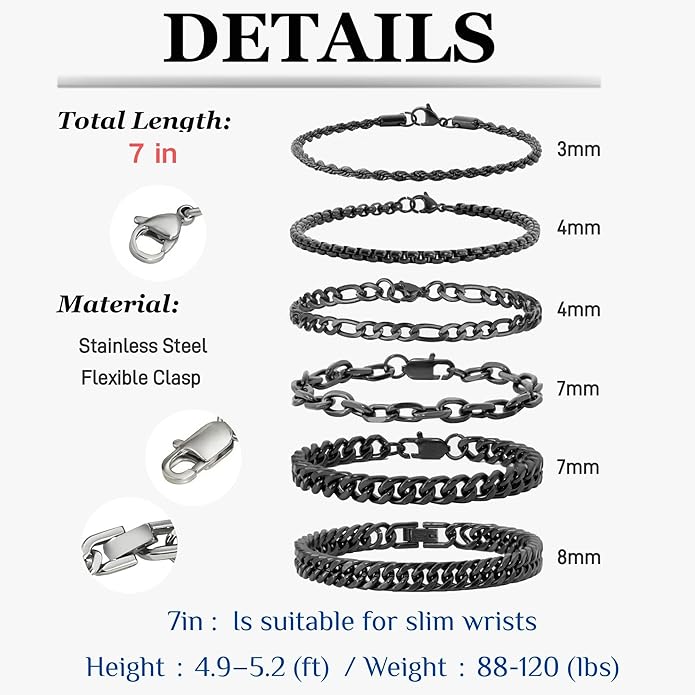 XIANNVXI 6pcs Stainless Steel Bracelets for Men Women Silver/Gold/Black Cuban Link Rope Paperclip Chain Bracelets Set 6.5/7/7.5/8.3/9 Inches Metal Bracelet Mens Fashion Accessories Jewelry Set
