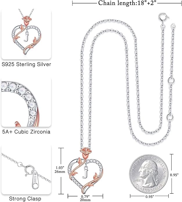 Iefil Rose Heart Necklaces Gifts for Women - 925 Sterling Silver Heart Initial Necklace, Anniversary Birthday Gifts for Women, Jewelry Gift for Wife Wife Girlfriend Mom