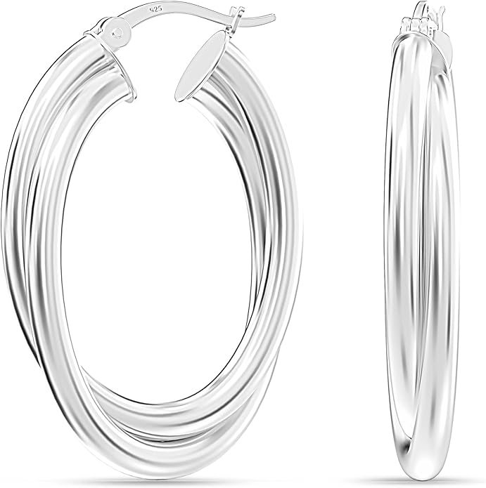 LeCalla 925 Sterling Silver Chunky Hoop Earrings | 14K Two-Tone Three-Tone Hoop Earrings | Intertwining Oval Shape Polished Twisted Hoop Earrings for Women