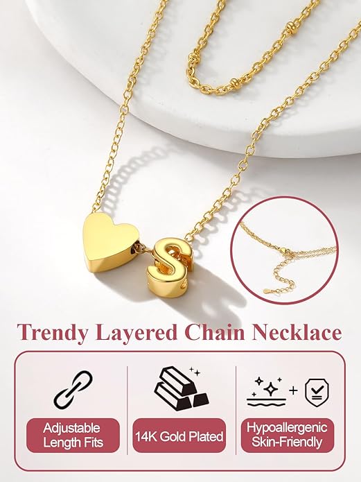 FOCALOOK Layered Initial Necklace for Women, 14K Gold Plated Choker Necklaces Stacks with Initial A-Z, Dainty Silver Heart Pendant Necklace Personalized Birthday Women Jewelry