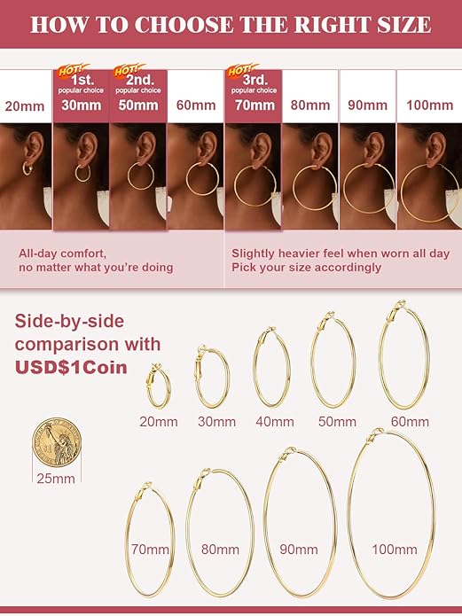 FOCALOOK 14K Gold Plated Lightweight Large Hoops| 2mm Thin Hoop Earrings for Women 30/40/50/70/100mm