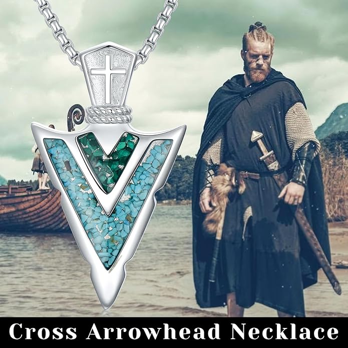 Suiknsn Arrowhead Necklace for Men Women 925 Sterling Silver Turquoise Malachite Celtic/Eye of Horus/Viking Arrow Pendant Amulet Jewelry Gifts Native American Necklace